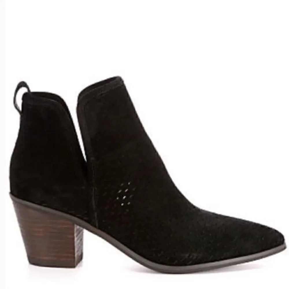 Lucky Brand- Loria Black Suede Leather Upper Heeled Booties Perforated, Size 8.5
